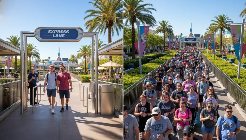 Comparação entre a fila rápida quase vazia e a fila comum lotada em um parque de Orlando