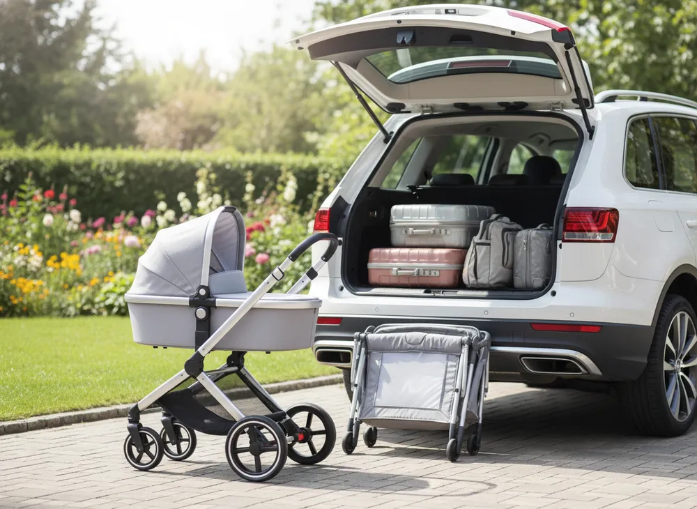 Carrinho de bebê moderno ao lado do carro, pronto para a viagem
