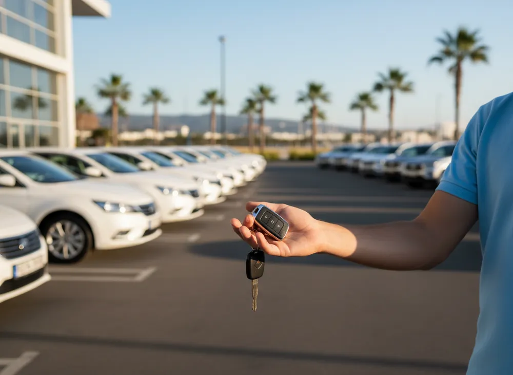 Mão recebendo a chave do carro em frente a uma fileira de carros de aluguel