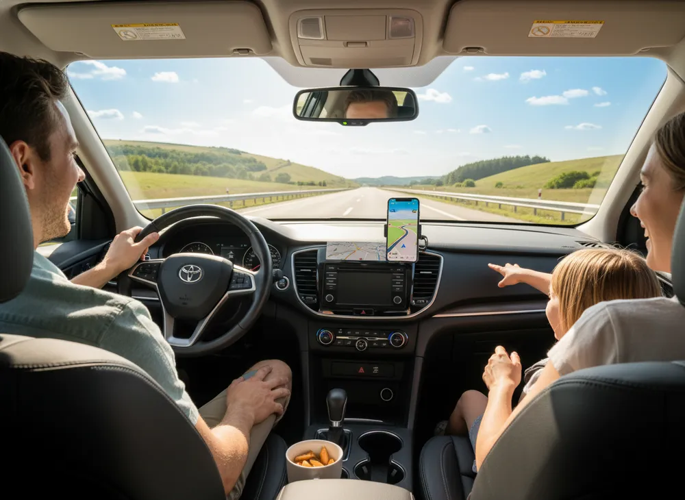 Painel de carro moderno com app de navegação no celular durante viagem em família