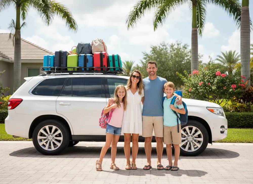 Família feliz ao lado do SUV alugado com malas, pronta para a viagem em Orlando