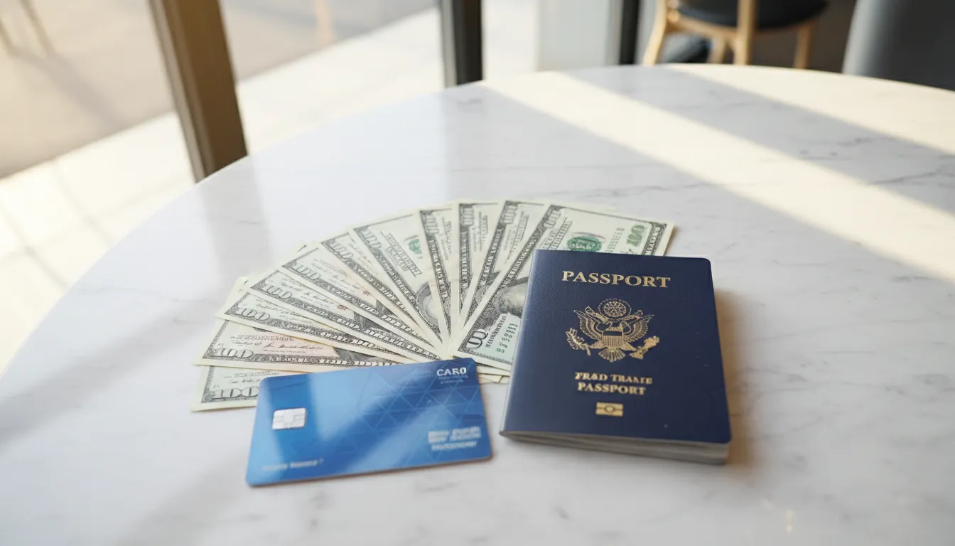 Notas de dólar, cartão pré-pago internacional e passaporte sobre superfície clara