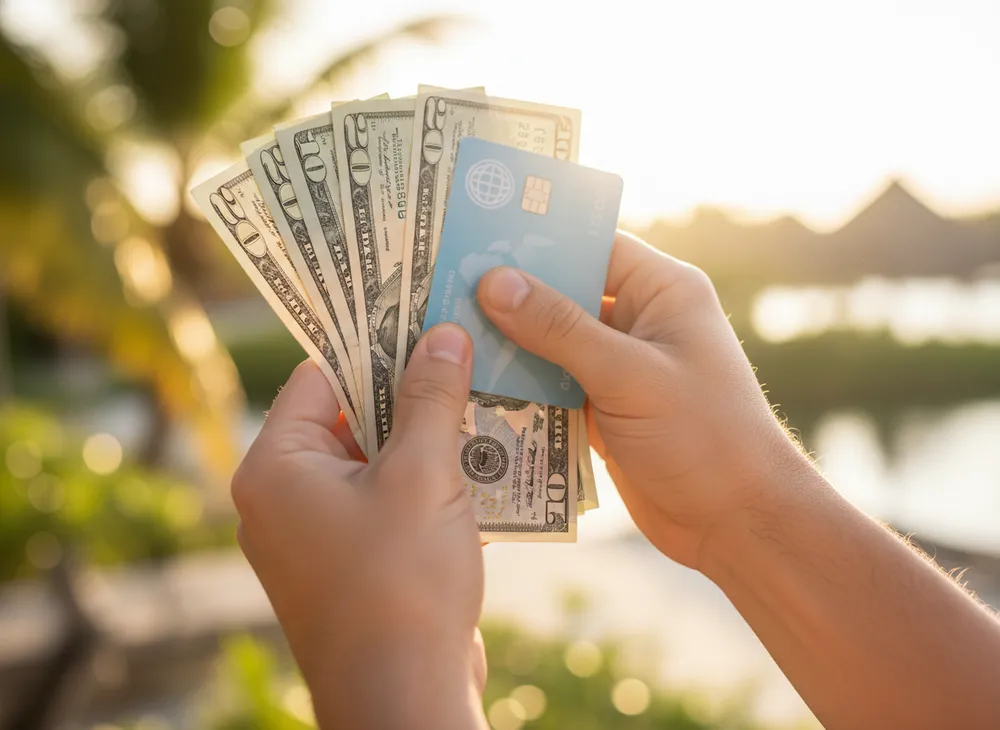 Mãos segurando notas de dólar e um cartão de pagamento