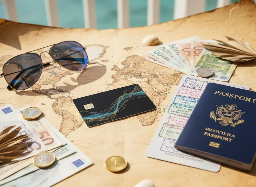 Cartão pré-pago de viagem sobre um mapa-múndi com óculos de sol e passaporte