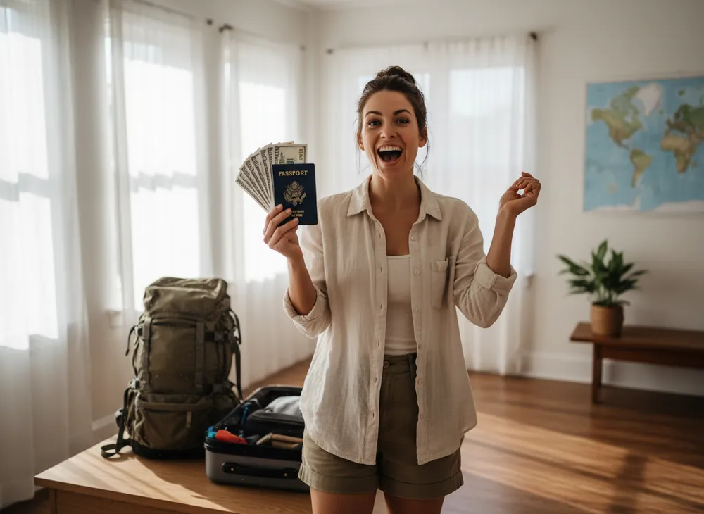 Viajante sorrindo segurando dólares e passaporte em casa, pronto para a viagem