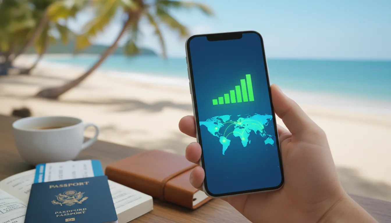 Celular com sinal cheio e mapa-múndi na tela ao lado de um passaporte