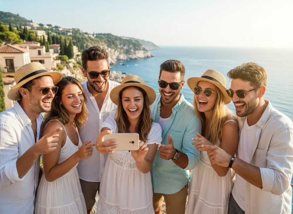Grupo de amigos tirando selfie e compartilhando no celular durante a viagem