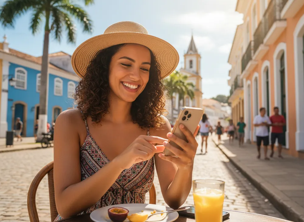 Viajante sorrindo usando o celular em rua ensolarada, conectado na viagem