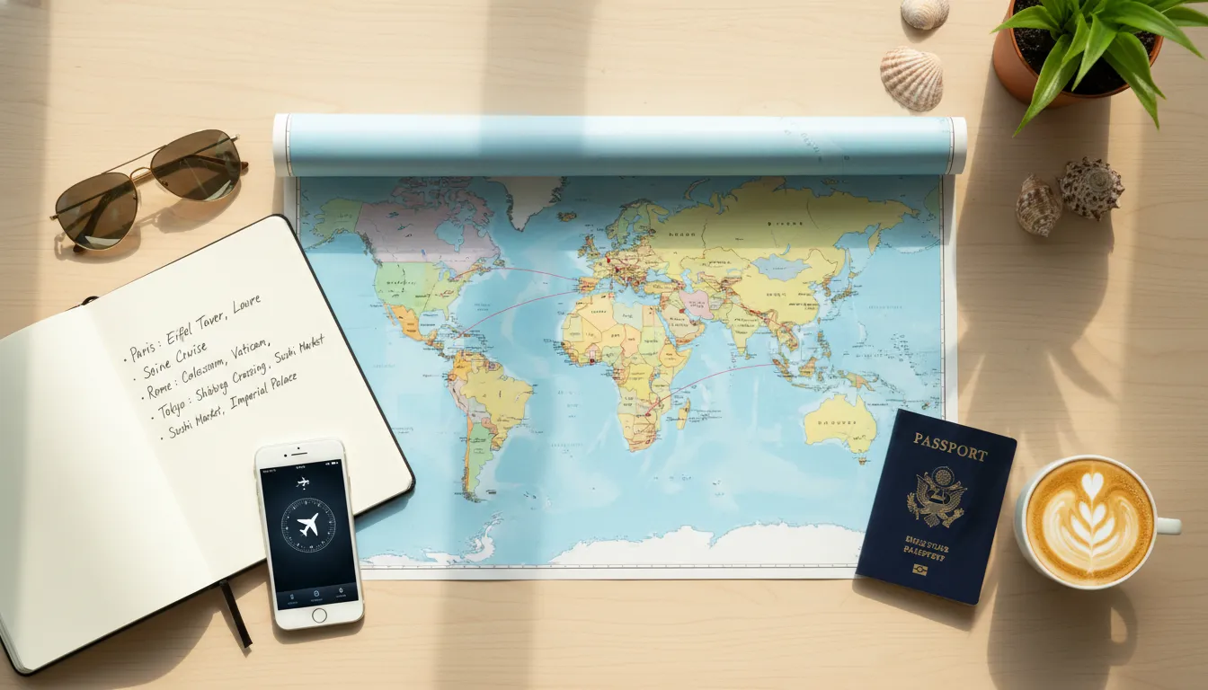 Itens de planejamento de viagem sobre a mesa: mapa, passaporte, caderno e celular