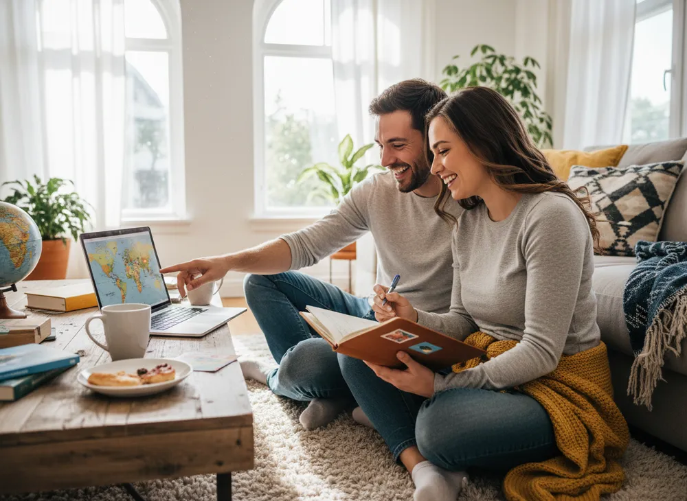 Casal planejando a viagem em casa com notebook e caderno, sorrindo