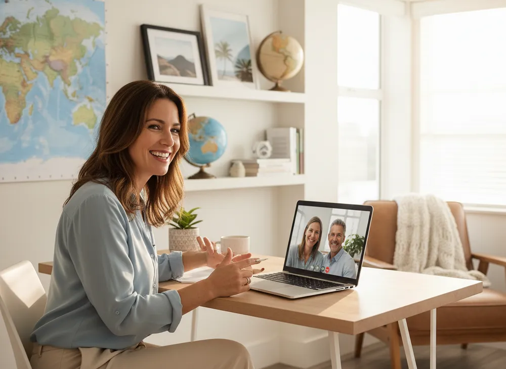 Consultora de viagem sorrindo em videochamada com cliente pelo notebook