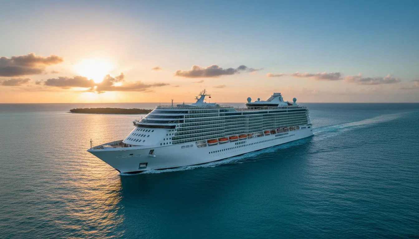 Navio de cruzeiro navegando em águas azuis do Caribe ao pôr do sol