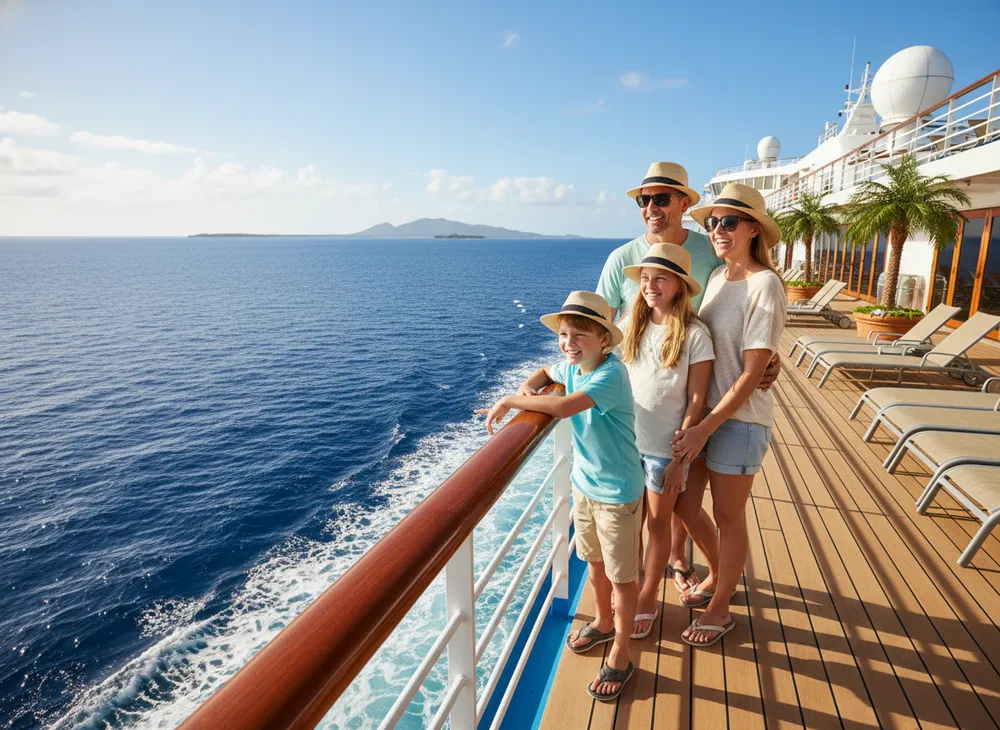 Família feliz no deck de um navio de cruzeiro olhando o mar