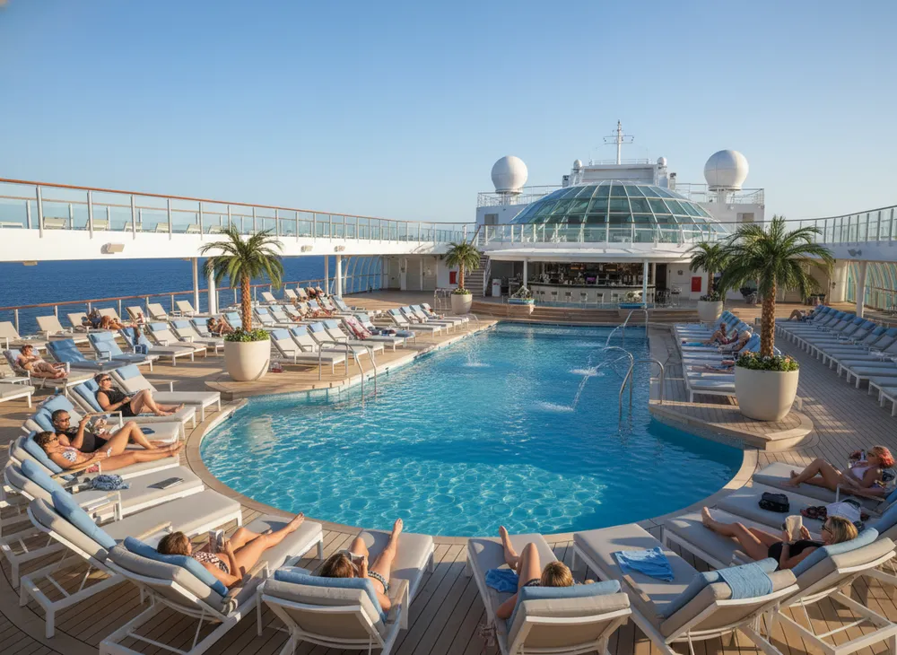 Deck de piscina de um navio de cruzeiro com espreguiçadeiras e água azul
