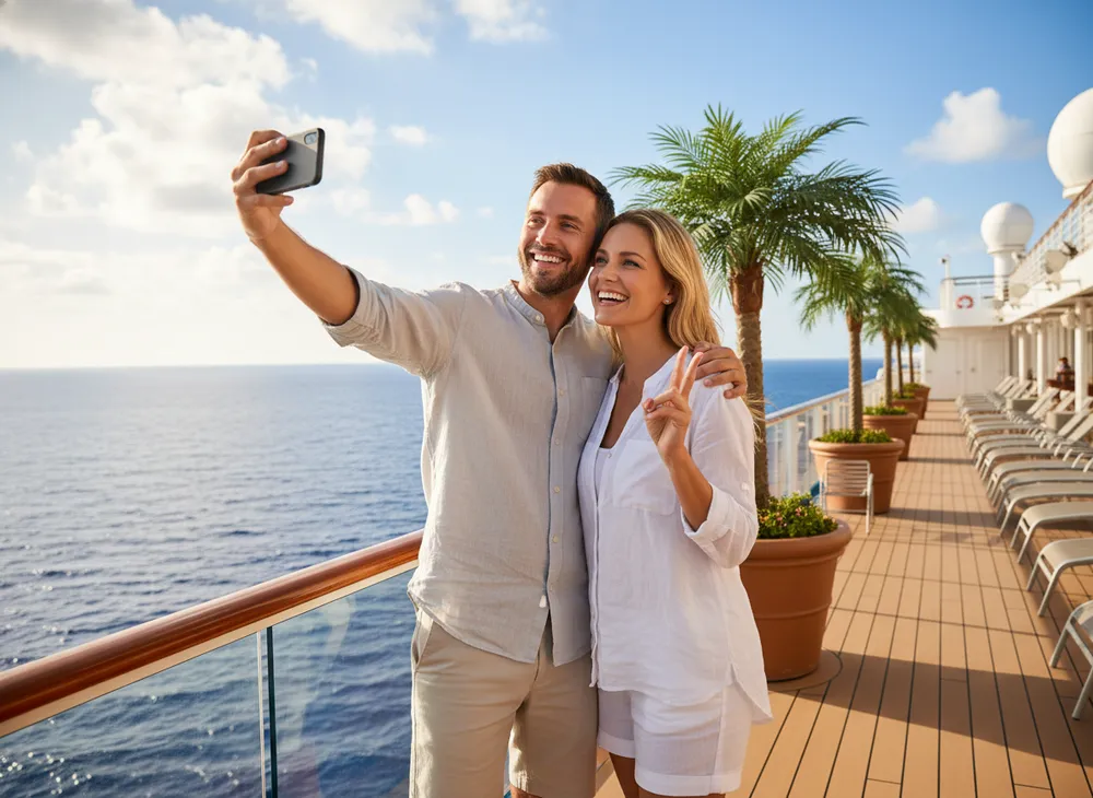 Casal feliz tirando selfie no deck de um navio de cruzeiro com o mar ao fundo