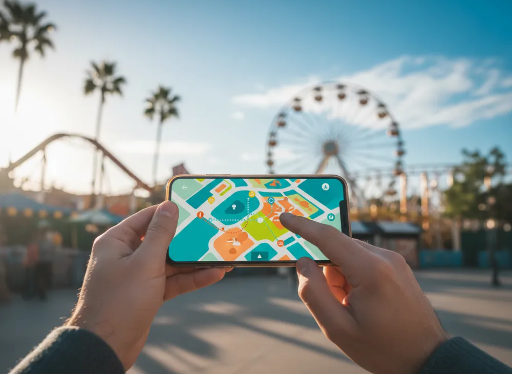 Mãos segurando celular com aplicativo de mapa em um parque de diversões