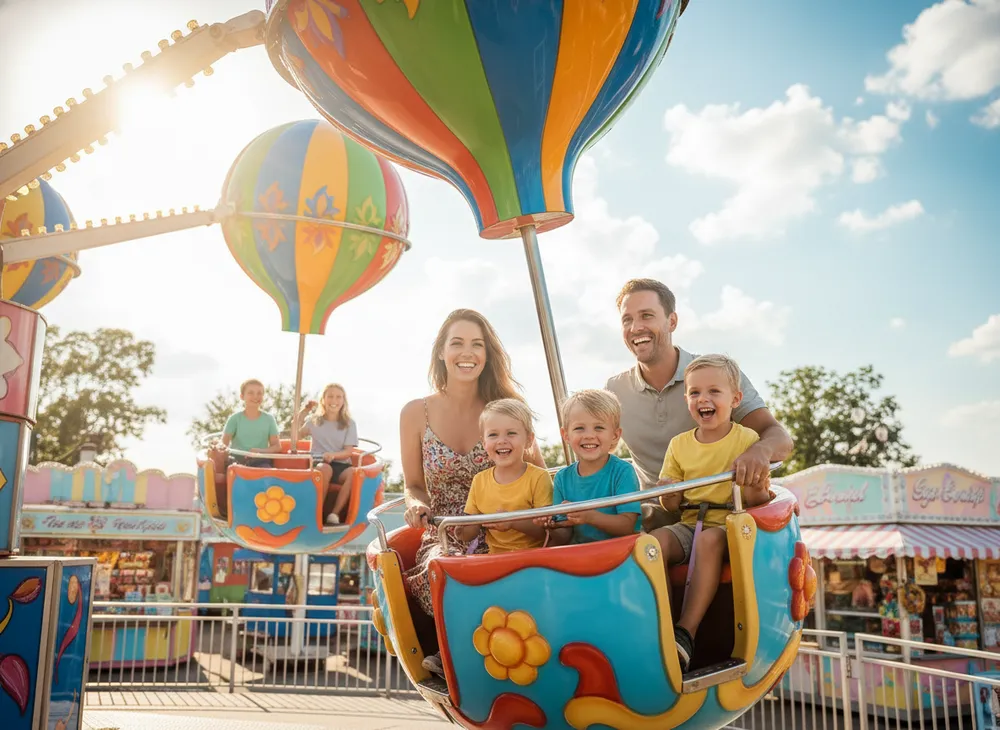 Família feliz em um brinquedo colorido de parque em dia ensolarado