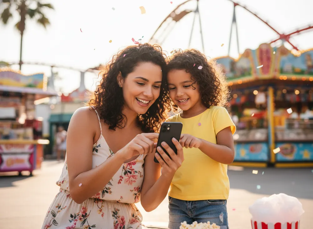 Mãe e filho sorrindo olhando o celular juntos em um parque ensolarado