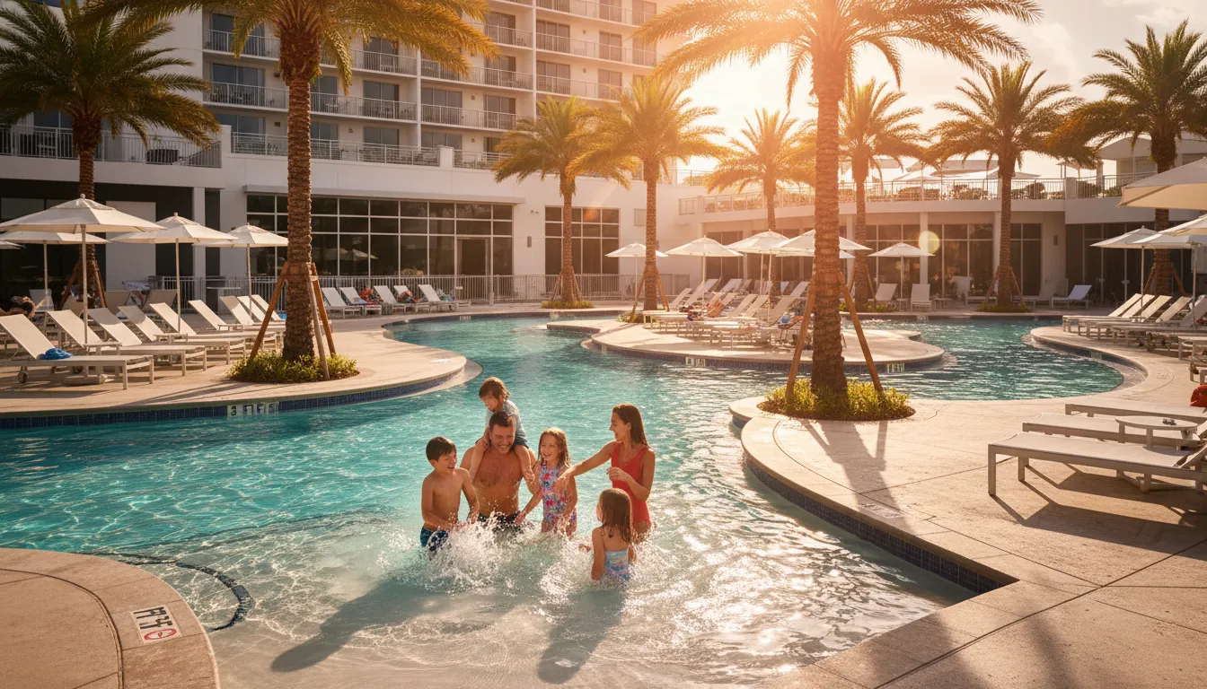 Piscina de resort em Orlando ao pôr do sol com palmeiras e família aproveitando