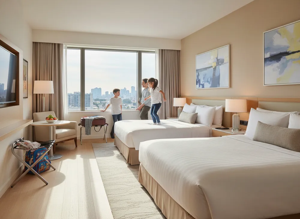 Quarto de hotel amplo e iluminado com duas camas, pronto para a família