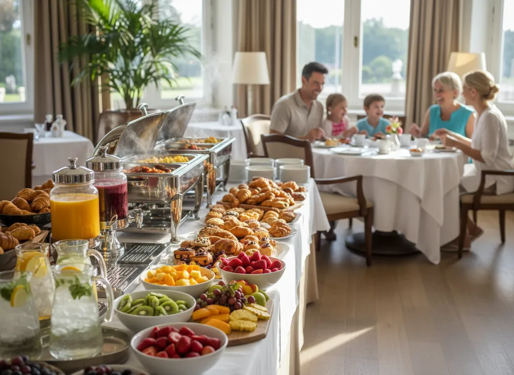 Café da manhã variado de hotel com frutas, pães e sucos