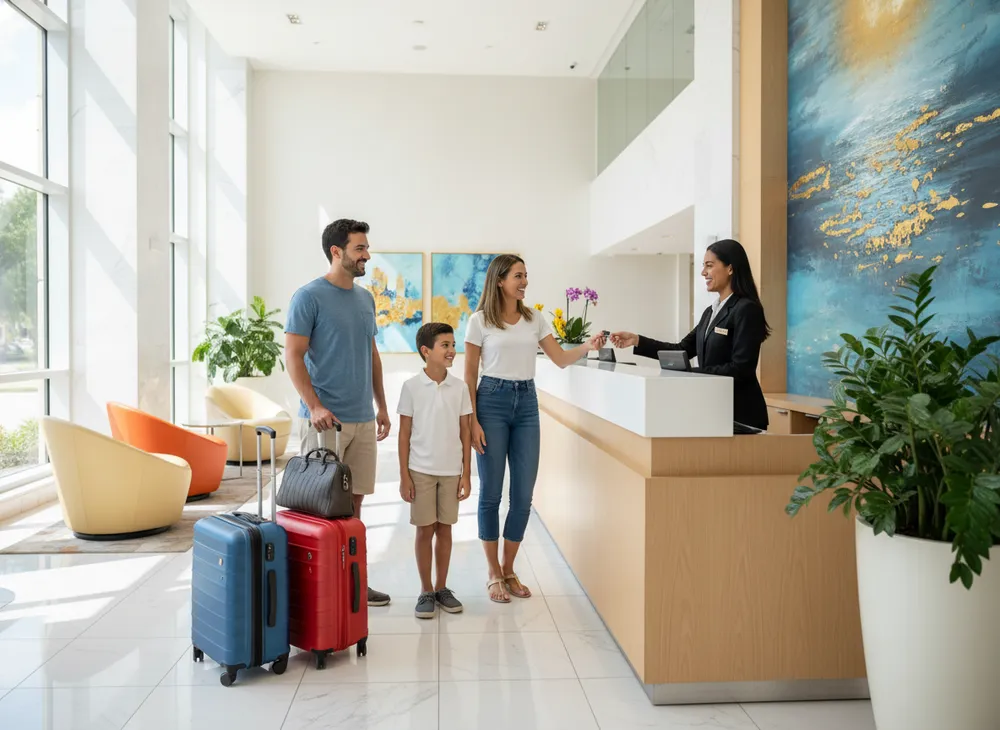 Família feliz fazendo check-in no lobby de um hotel moderno em Orlando