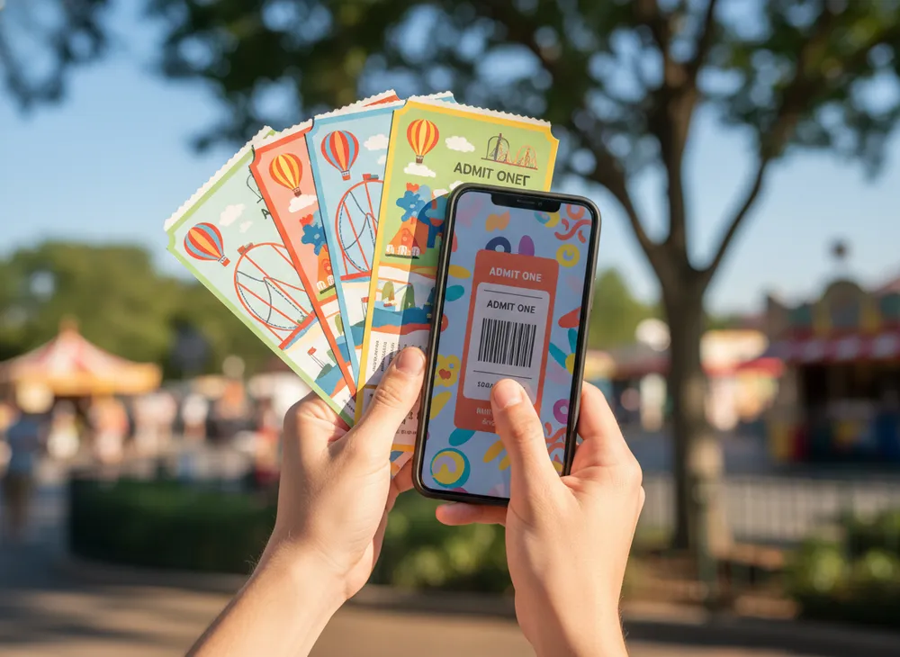Mãos segurando ingressos de parque e celular com ingresso digital