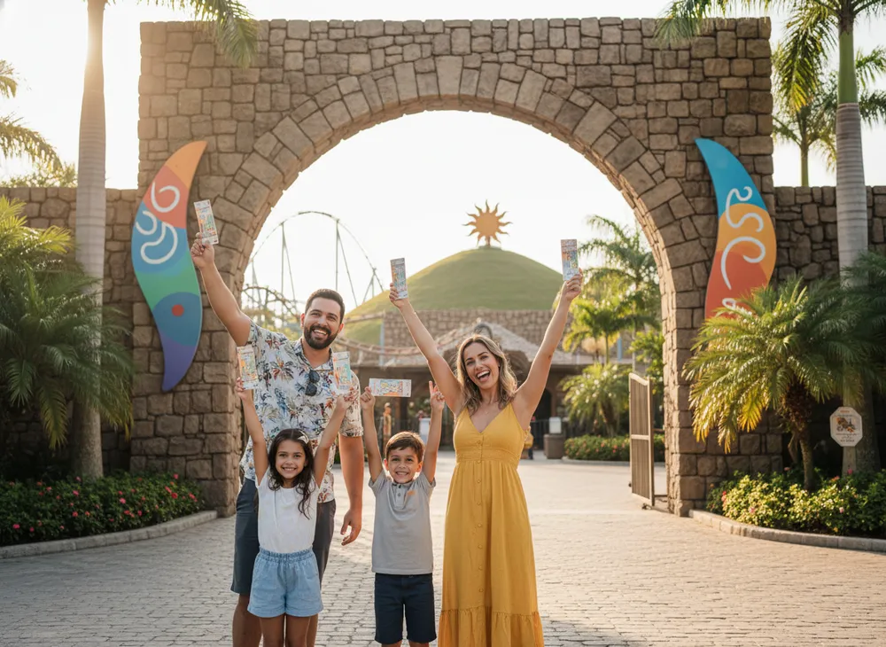 Família brasileira animada com ingressos na entrada de um parque ensolarado