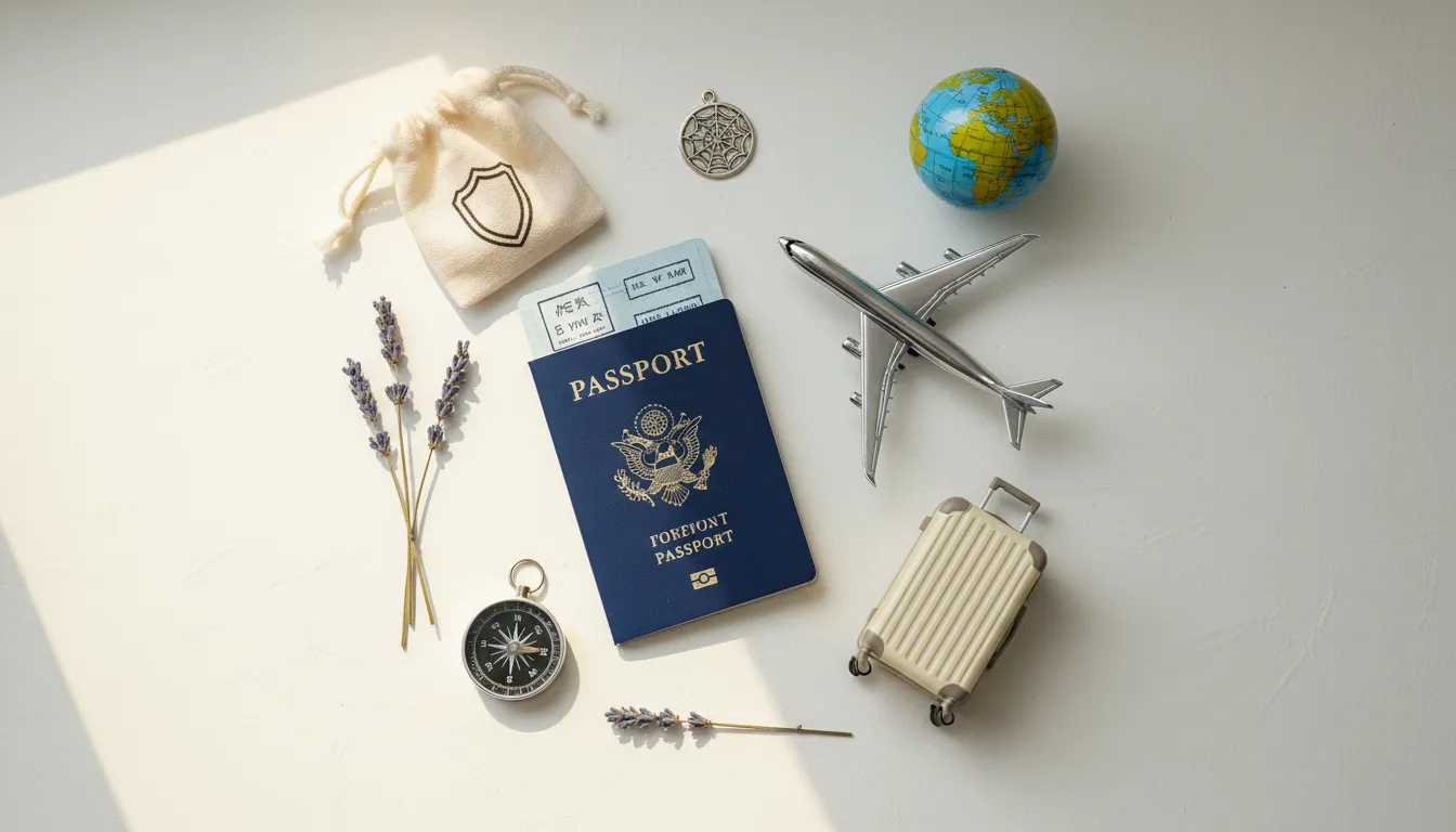 Conceito de proteção em viagem: passaporte, miniatura de avião, mala e globo