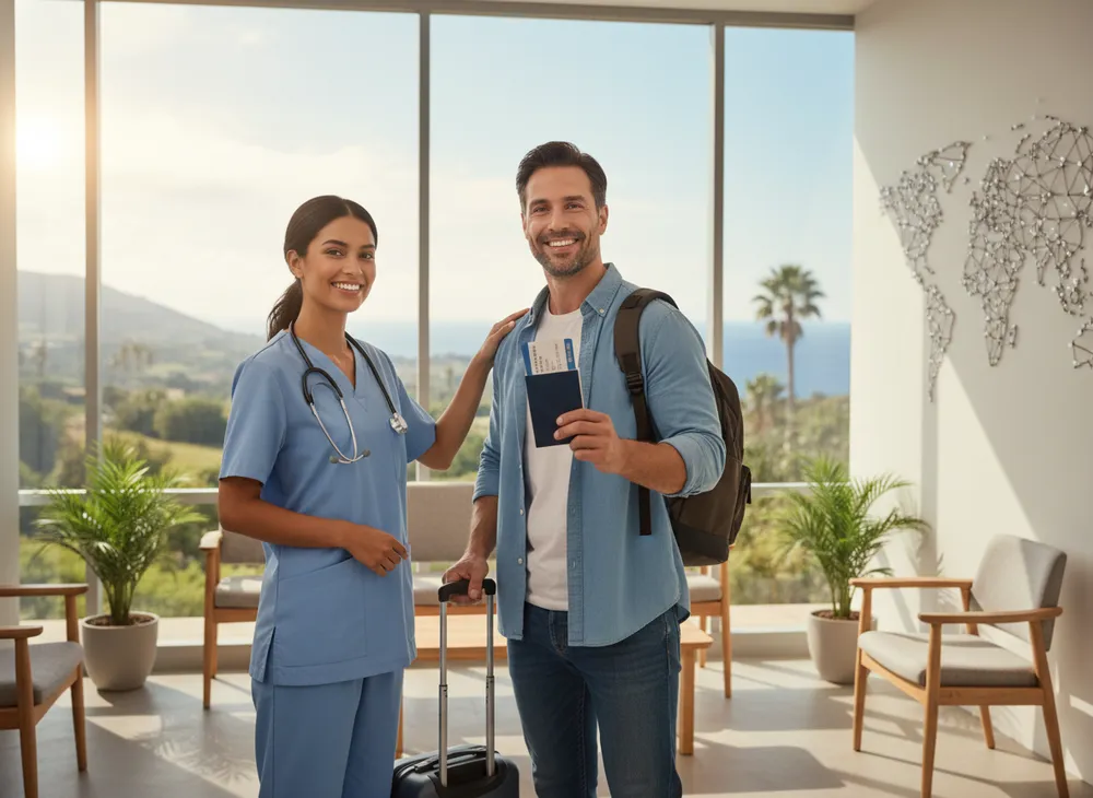 Médico simpático tranquilizando um paciente sorridente em clínica moderna