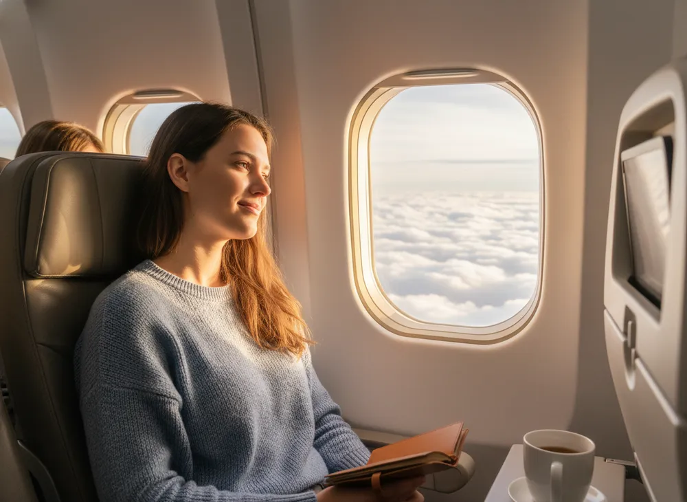 Viajante relaxado no avião olhando as nuvens pela janela
