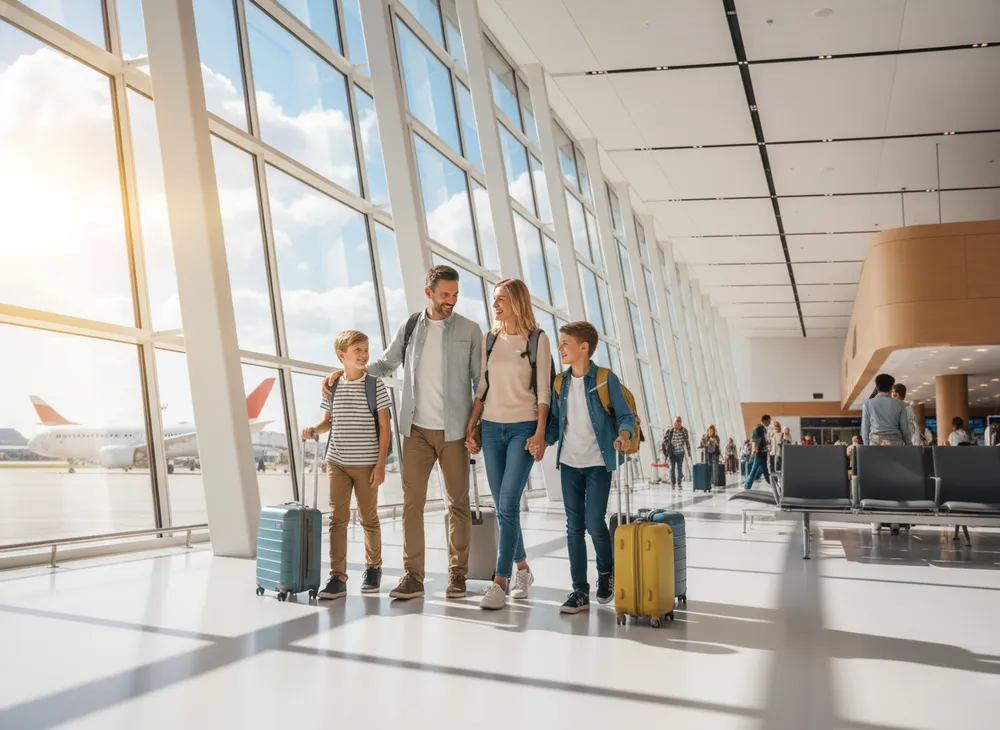 Família tranquila e protegida no aeroporto com malas, sorrindo