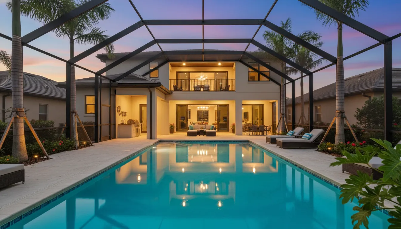 Casa de temporada em Orlando com piscina privativa iluminada ao entardecer