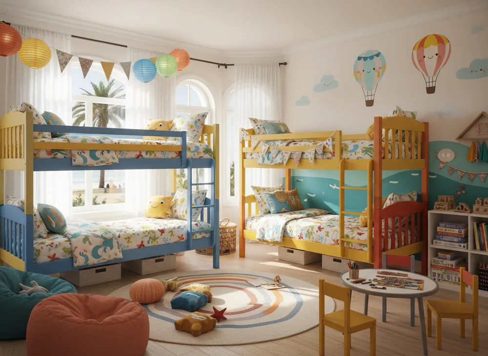 Quarto infantil temático com beliches em uma casa de temporada