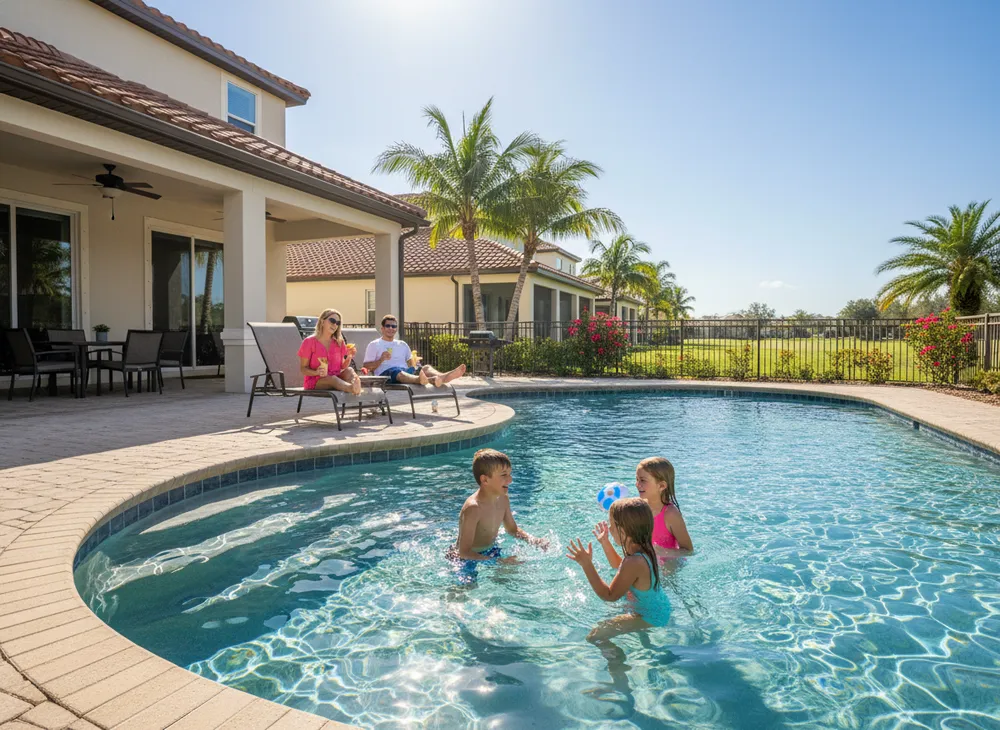 Família relaxando na piscina privativa de uma casa de temporada em Orlando
